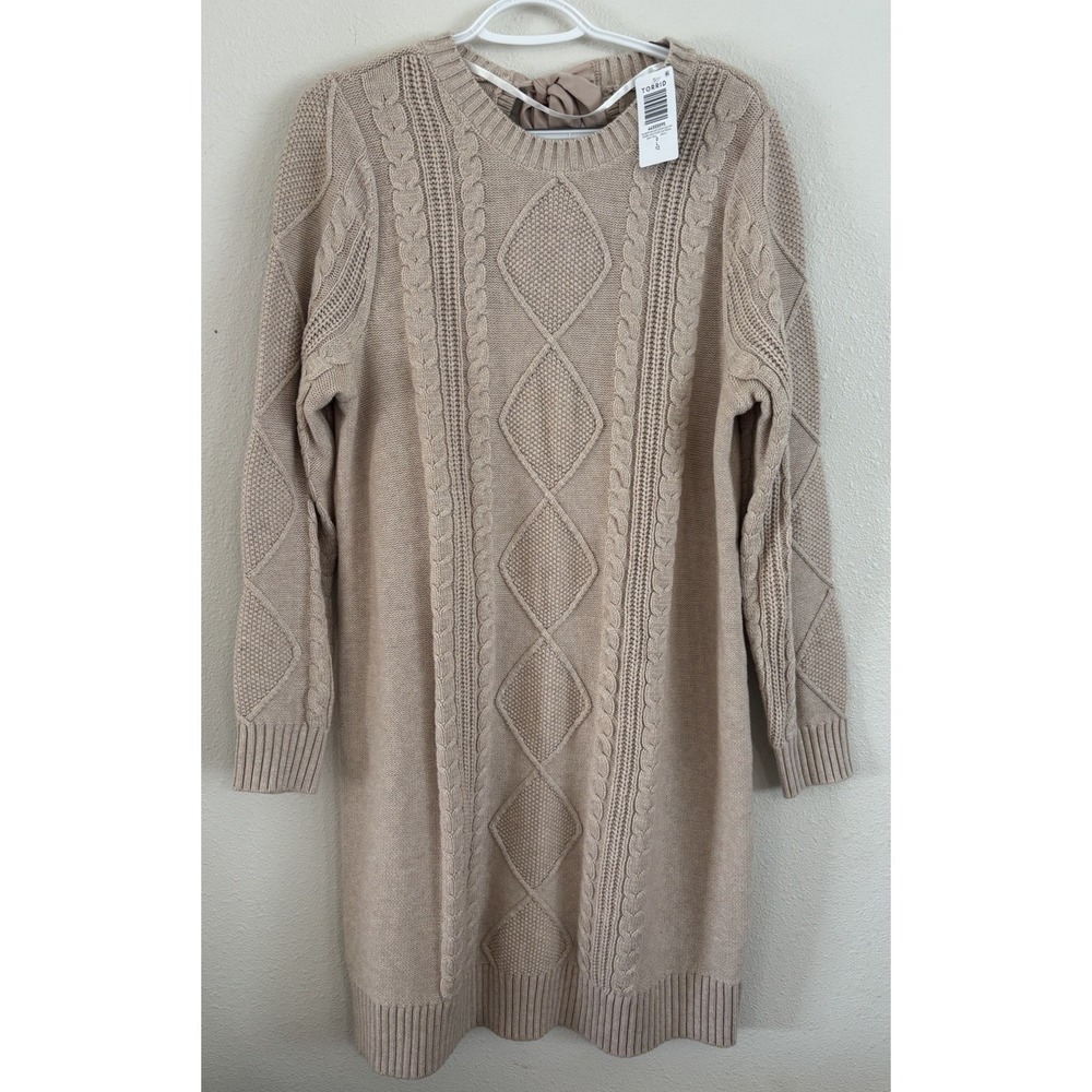 Torrid Cable Knit Sweater Dress Size 0 L 12 Oatmeal Bow Back NWT